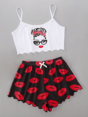 New Style Lady’S Summer Pajama Set Personality Modern Girl Print Camisole With Lip Print Shorts Home Wear Sleepwear Underwear