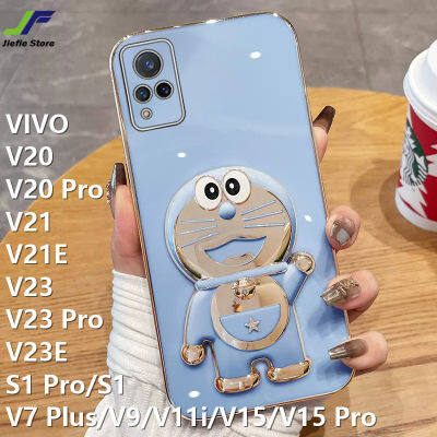 JieFie Doraemon เคสโทรศัพท์สำหรับ VIVO S1 Pro / V20 Pro / V23 Pro / V23E / V20 / V21 / V21E / V23 / S1 / V7 Plus / V9 / V11i / V15 / V15 Pro การ์ตูนตุ๊กตาน่ารัก Bracket ฝาครอบโทรศัพท์เนื้อนิ่ม TPU + ขาตั้งชุบโครเมี่ยม