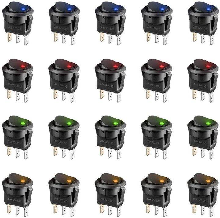 สวิตช์แอมป์20a-20ชิ้น-ล็อต3ขา12v-สวิตช์สลับ-led-กลมรถบรรทุกสวิตช์ควบคุมการเปิด-ปิดสีเหลืองเขียวแดงสีฟ้า