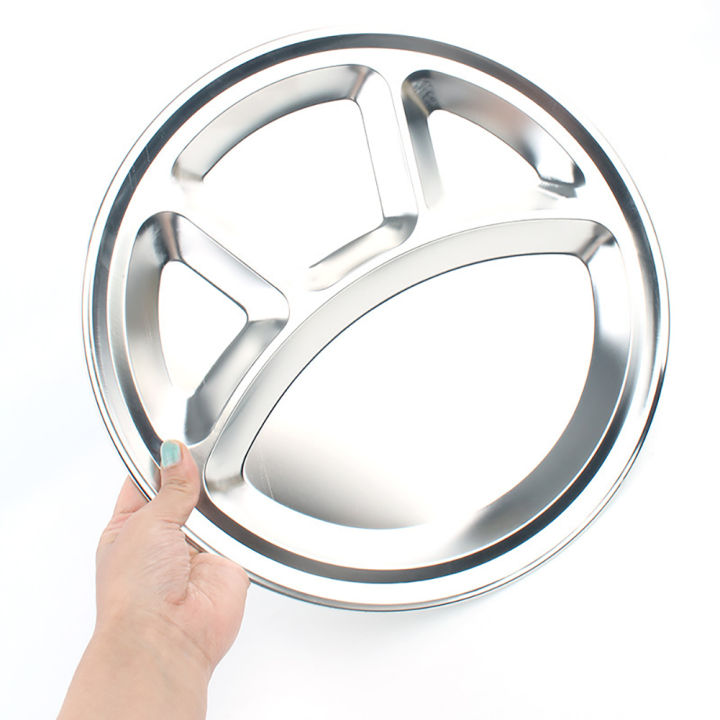 stainless-steel-4-grids-divided-dinner-plate-dish-round-students-grid-lunch-tray-food-feeding-bowl-childrens-anti-drop