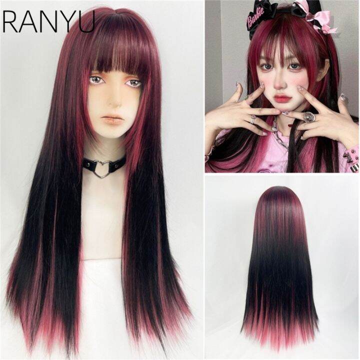 ranyu-สีน้ำตาลสีชมพูไฮไลท์ยาวตรงวิกผมสังเคราะห์สีผมคู่สาวคอสเพลย์ใช้ชีวิตประจำวันกับเรียบโลลิต้าวิกผม