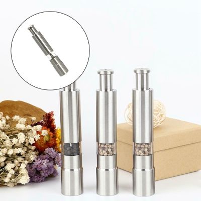 Salt and Pepper Grinder Stainless Steel Push Button Silver for Cooking Spice Thumb Push Pepper Mill Portable Grinder