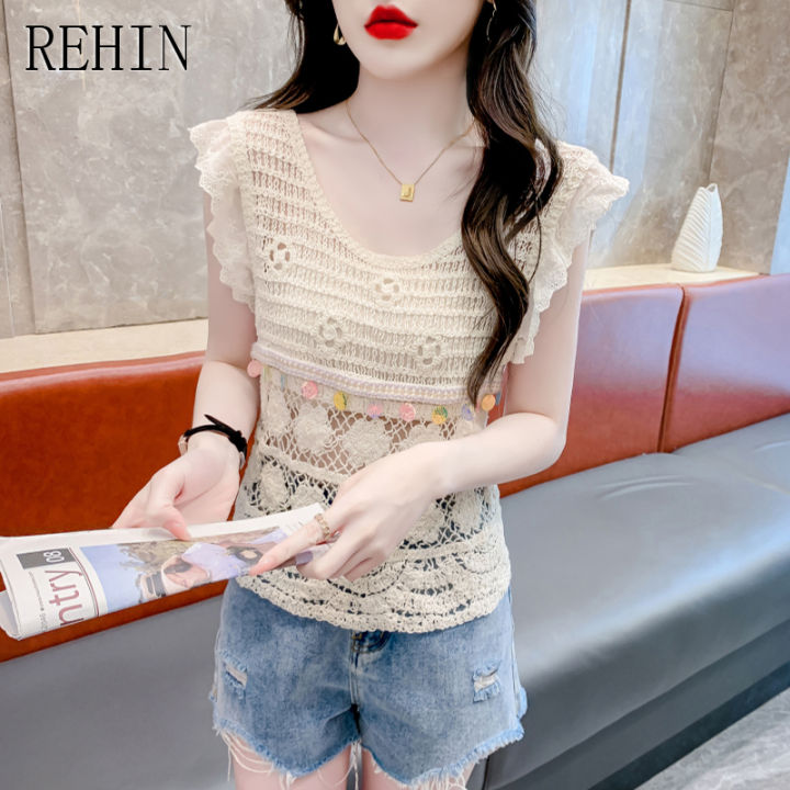 rehin-เสื้อคอกลมถักแขนกุดผู้หญิงการออกแบบที่ไม่เหมือนใครเสื้อบังทรงโครเชต์เสื้อฤดูร้อนสั้น