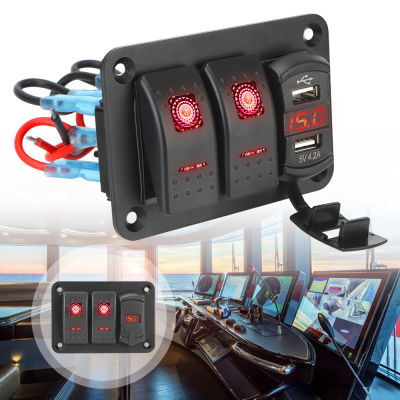 1224V Rocker Switch Panel for Car Marine Ship LED Rocker Switch Panel Waterproof Dual USB Port Circuit Breaker LED Voltmeter