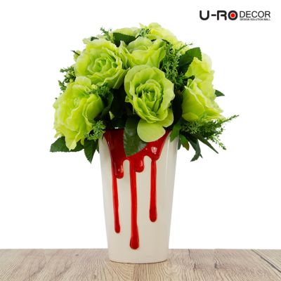 U-RO DECOR รุ่น ช่อลิลลี่&amp;กุหลาบคละสีในกระถางดอกไม้ FLOW-M RED (โฟลว-เอ็ม) สีแดง ยูโรเดคคอร์ กระถาง แต่งบ้าน ใส่ของ  ดอกไม้ ประดิษฐ์ flower ช่อดอกไม้