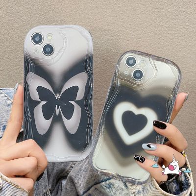 3D สุดสร้างสรรค์เคสลายหยักโค้งโค้งมนย้อนยุคสีดำรักหัวใจสำหรับ Redmi 10C 9 A1 10 9A 9C NFC 10A A2 9T Redmi Note 11S 10S 10S Plus Poco ศิลปะไล่ระดับสีผีเสื้อกรอบแบบนิ่ม