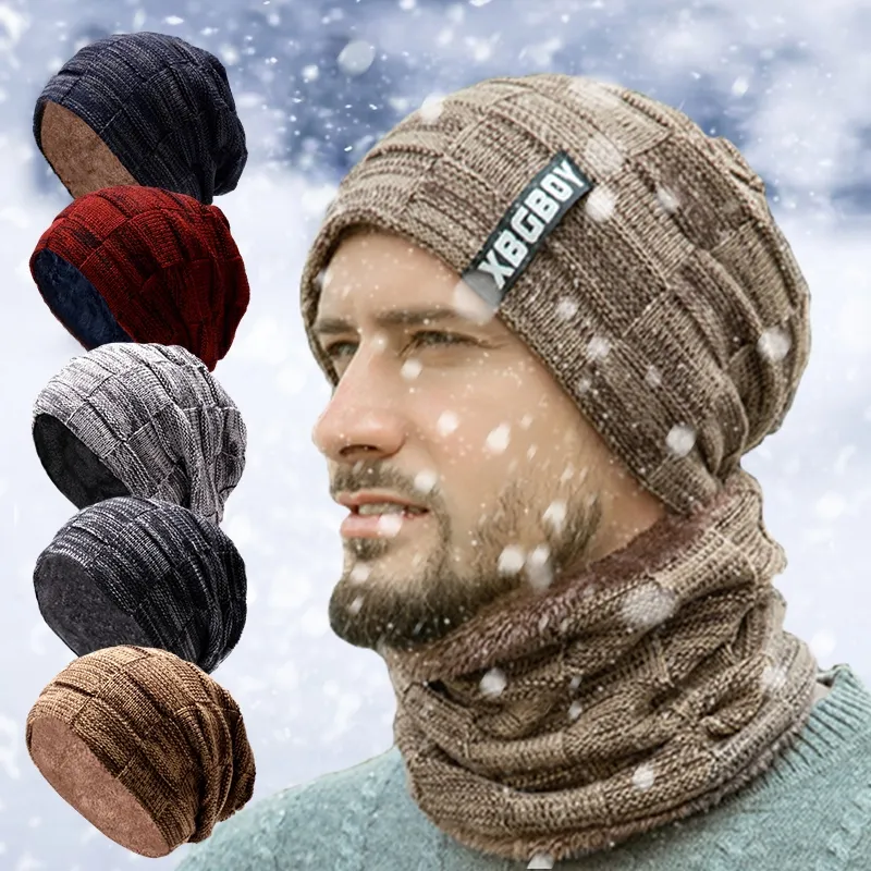2pcs Mens Winter Outdoor Casual Knitted Velvet Hat Scarf - Jewelry