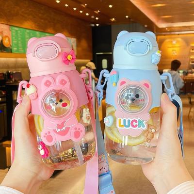 Childrens Cute Water Bottle Kawaii Plastic Cup with Lid Girl Cartoon Portable Student School Water Bottle Straw Water Cup