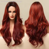 Long Body Wave Synthetic Wigs Ombre Brown to Deep Red Wig Hair for Women Middle Part Cosplay Party Daily Heat Resistant Fiber [ Hot sell ] Decoration Center