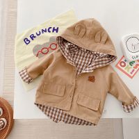 2023 Korean Spring Autumn Baby Boys Coat Hoodie Patchwork Ear Button Jacket Embroidery Cartoon Bear Plaid Toddler Boys Outfit