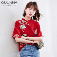 hot●OULINNA เสื้อเชิ้ตผ้าชีฟองคอปกตั้งของผู้หญิง,เสื้อกี่เพ้าสีแดงแนวเรโทรจีนใหม่ฤดูร้อนปี2021 9230