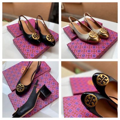2023 new TB shoes Tory Burch classic metal stitching round buckle block heel sandals