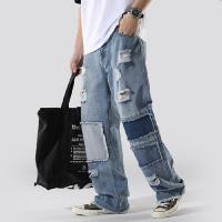 ร้อน, ร้อน★Man Patchwork Jeans loose Ripped Holes Men Straight Jean Spring Summer Hip Hop skateboard Male Denim Cool Pants