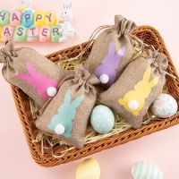 6pcs Cute Bunny Candy Bags Natural Burlap Cotton Linen Easter Rabbit Drawstring Bags Kids Birthday Party Packaging Bags amp;Pouches