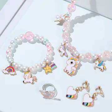 Magik Unicorn Jewelry Set Rainbow Rhinestone Crystal Necklace, Bracelet, Earring,Ring Gold Alloy Crystal