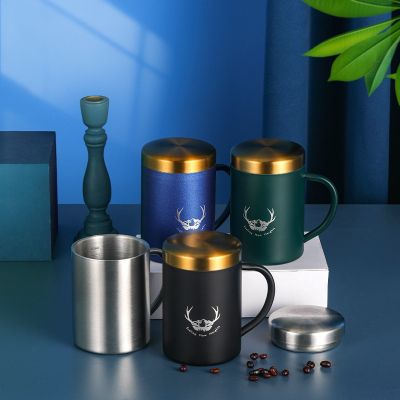 ☸✤  304 stainless steel coffee mug with lid double-layer insulated water mug office home work student cross-border