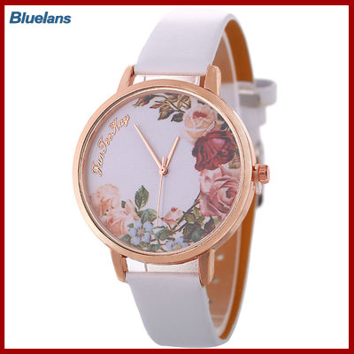 Bluelans®ลำลองผู้หญิงเครื่องประดับดอกไม้แบบ F AUX หนังวงดนตรีอะนาล็อกควอตซ์นาฬิกาข้อมือ