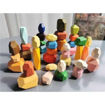 หินของเล่นไม้สีรุ้งแบบเรียงซ้อนบล็อกตัวต่ออัญมณีสีพาสเทลบีชสำหรับเด็กของเล่นเสริมพัฒนาการ
