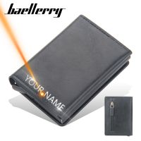 【Layor shop】2021 Rfid Men Card Wallets แกะสลักชื่อฟรี Slim Mini Wallet Zipper Magnetic Button Card Holders Small Card Purse