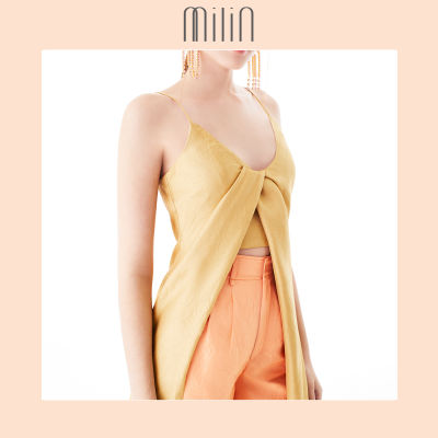 [MILIN] Front twisted deep scoop neck long overlay top เสื้อตัวยาวคอลึก ด้านในทรงครอป แต่งด้านหน้าบิดซ้อนทับ Sassel Top สีเหลืองมัสตาร์ด/ สีส้มพีช Mustard Yellow/ Coral Peach