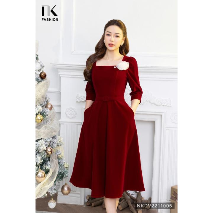 Đầm Nhung Cổ Vuông NK FASHION NKDV2211005 Thiết Kế Tay Bồng Tiểu ...