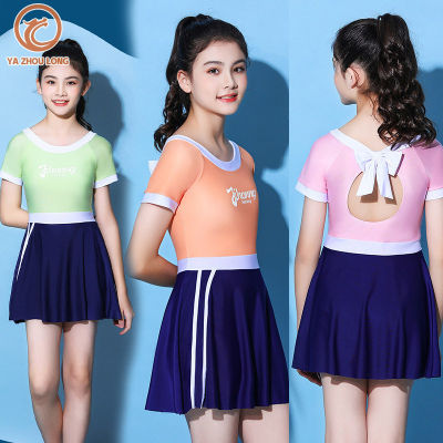 YA ZHOU LONG Childrens swimsuit girls fashion color blocking middle and older children one-piece skirt type teenage girls vacation swimsuit with chest pad