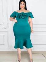 ZZOOI ONTINVA Green Ruffles Dresses Plus Size 4XL Cold Shoulder Sleeveless Empire Midi Outfits for Women Evening Cocktail Event