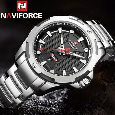 NAVIFORCE Men Wristwatch Waterproof Business Man Watch Silver Stainless Steel Sport Military Date Week Quartz Male Clock 9161