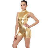 OVIGILY Women Shiny Sleeveless Mockneck Biketard Adults Stretchy High Neck Leotard Bodysuits Ballet Dance Wear With Back Zipper