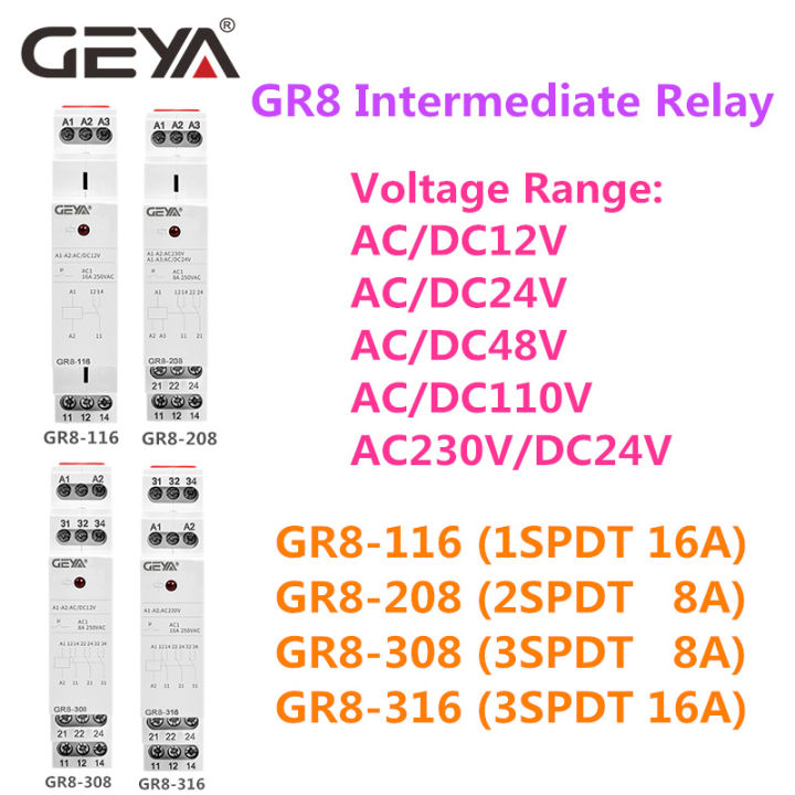 geya-ราง-din-gr8-ac-dc-24v-สวิตช์ระดับกลางรีเลย์ช่วย8a-16a-รีเลย์-spdt-โมดูลราง-din