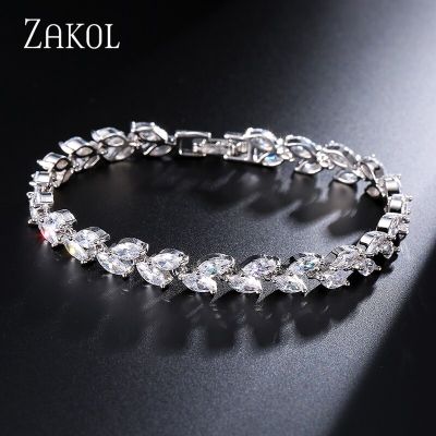 ZAKOL Fashion White Leaf Bracelets Bangles for Women Shinny Marquise Cut Cubic Zirconia Bridal Wedding Party Jewelry