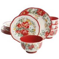 Vintage Floral 12-Piece Dinnerware Set, Red Plate Sets Dinner Plate Set