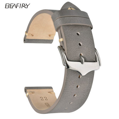 BEAFIRY Genuine Leather 18mm 20mm 22mm Watch Band Grey Calfskin Leather Watch Straps for Men or Samsung Seiko