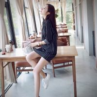 Women Dress BlackWhite Striped New Turn-Down Collar Dresses Long Blouse Casual Dress black dress