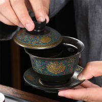 Classical Black Ceramic Covered Bowl Kung Fu Tea Set Creative Painted Gold Tea Bowl Chinese Hand Painted Tea Set Tea Tureen