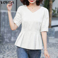 (จัดส่งฟรี)Fancystyle VONDA ผู้หญิงเสื้อสตรีแขนยาวพัฟคอวีอเนกประสงค์เรียบง่ายสำหรับผู้หญิงเสื้อสีทึบ