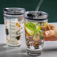 ♈✌☫ 【20 off】Glass water cup net red straw juice graduated coffee household milk tea with lid student