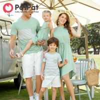 PatPat Family Matching Green Halter Neck Sleeveless Drawstring Dresses and Striped Splicing Short-sleeve T-shirts Sets