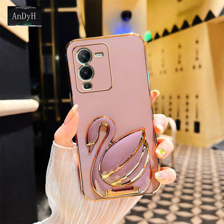 andyh-phone-case-for-vivo-v25-pro-5g-case-new-3d-swan-retractable-stand-phone-case-plating-soft-silicone-shockproof-casing-protective-back-cover