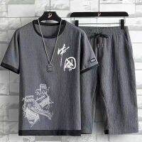 【July hot】 2023 summer new ice silk sports suit mens loose large size trendy short-sleeved cropped fashion two-piece