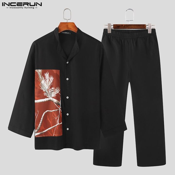 ชุดเสื้อผ้าแขนยาวสำหรับผู้ชายชุดสองชิ้นพิมพ์ลายปะต่อชายแฟชั่นกางเกงขายาวของ-s-5xl-2023