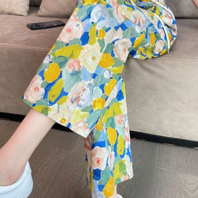 Heavy fat MM code 300 jins seaside new female summer flower pants money wide-legged pants straight colds beach pants tide