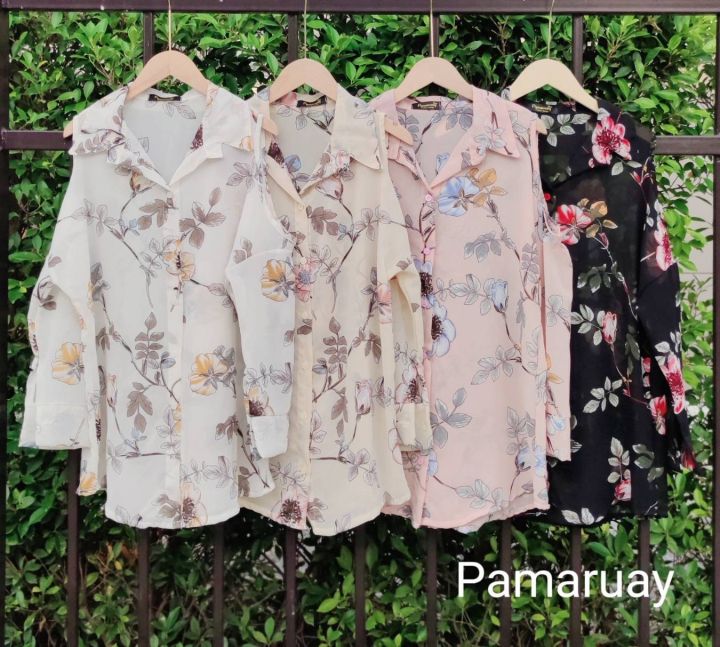 เสื้อเชิ้ตแขนยาวผ้าชีฟอง-ทรงสวยมากๆ-ดีเทลเว้าช่วงไหล่-สีสวยแมทช์ง่าย