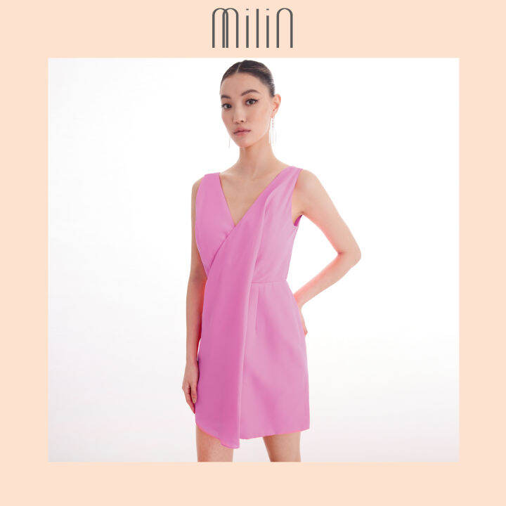 milin-front-drape-detail-polyester-sleeveless-dress-เดรสแขนกุดคอวีจับจีบด้านหน้า-dashing-dress