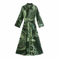 Za 2021 Green Long Dress Women Print Shirt Dress Woman Tie Belt Long Sleeve Midi Summer Dresses Vintage Casual Dresses