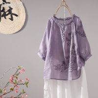 Cotton and linen embroidered five-quarter sleeve t-shirt womens summer light and loose wooden ear collar air conditioning shirt V729