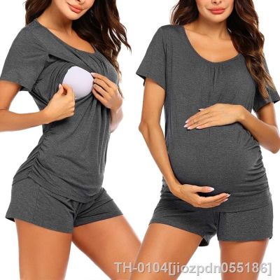 ▦✘▫ jiozpdn055186 Conjunto de pijamas para amamentação mulheres grávidas dupla camada manga curta top e calças cuidado 2 peças