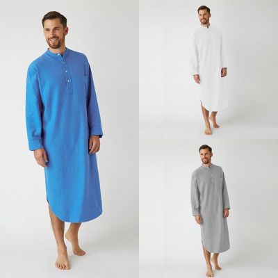 Breathable Kaftan Night เสื้อมุสลิมแบบดั้งเดิมเสื้อผ้าแขนยาว Henley Nightgown Men S Nightshirt มุสลิม Robes