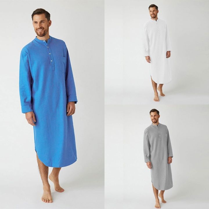 breathable-kaftan-night-เสื้อมุสลิมแบบดั้งเดิมเสื้อผ้าแขนยาว-henley-nightgown-men-s-nightshirt-มุสลิม-robes