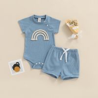 Summer 2022 Toddler Baby Girls Boys 2Pcs Clothes Set Tracksuits Infant Rainbow Short Sleeve Buckle Romper+Shorts Clothing Outfit  by Hs2023